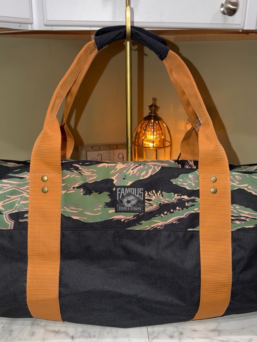 Y2K Vintage Famous Stars & Straps Camo Duffle Bag | Black Orange blink 182